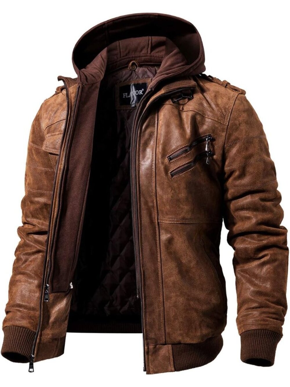 Men’s Brown Genuine Suede Leather Jacket with Removable Hood Casual Biker Coat